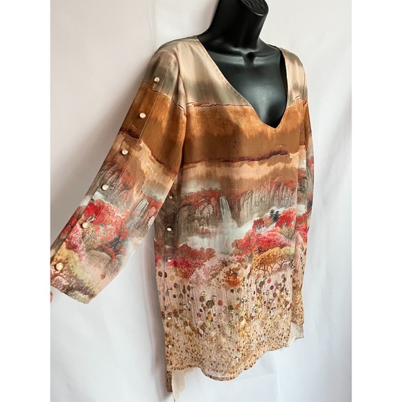 V Cristina Colorful Tunic Blouse sze L Pearls Scenery Novelty 3/4 Sleeve Chiffon - Picture 2 of 8
